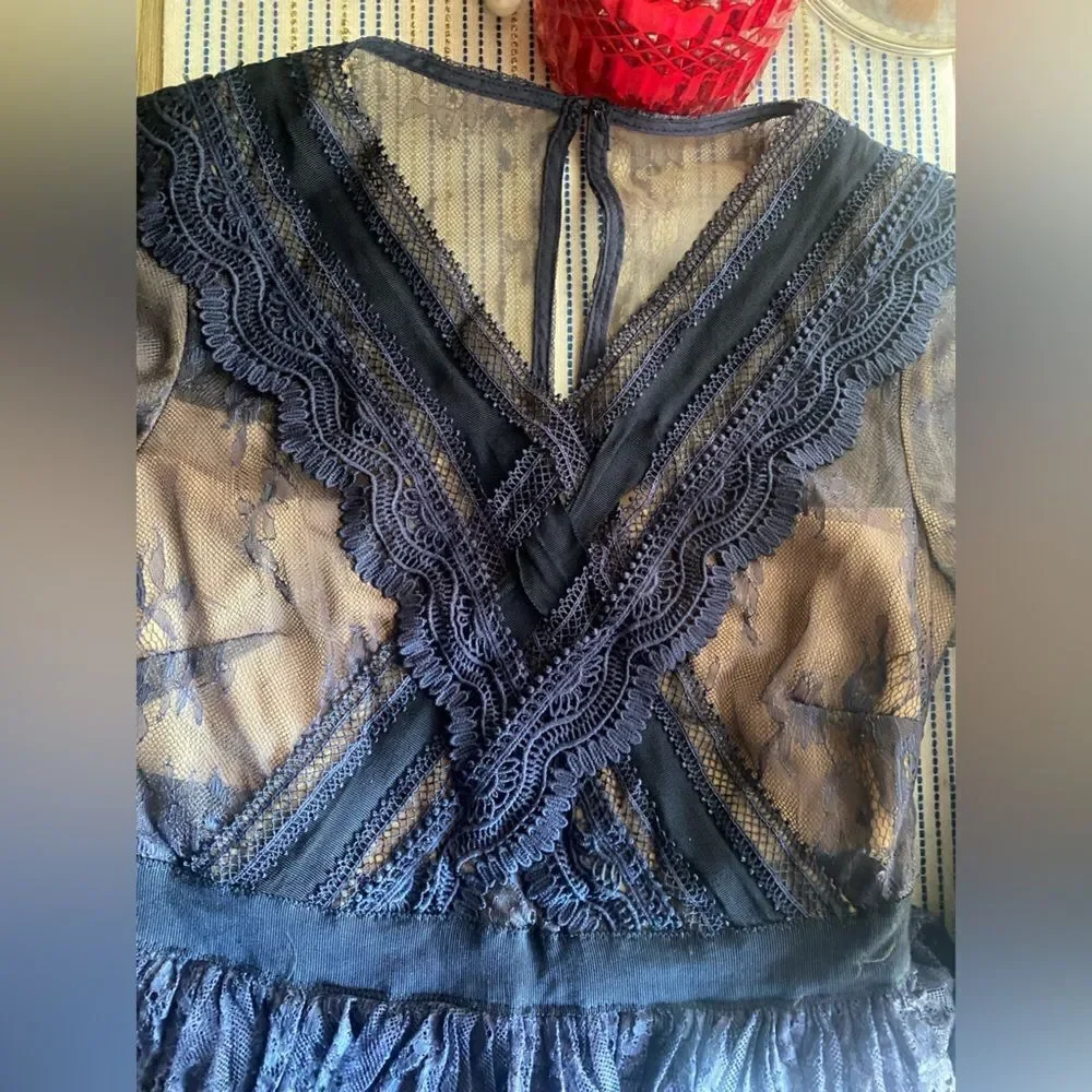 Self-Portrait Mini Dress Size 0 Navy Blue  Lace Ruffles Sleeve Lined - Picture 8 of 16